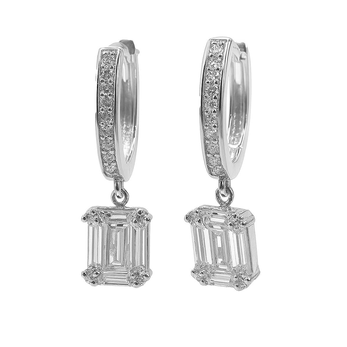 Huggies con Circonia Baguette y Micro Circonias Plata .925 con Baño de Rodio