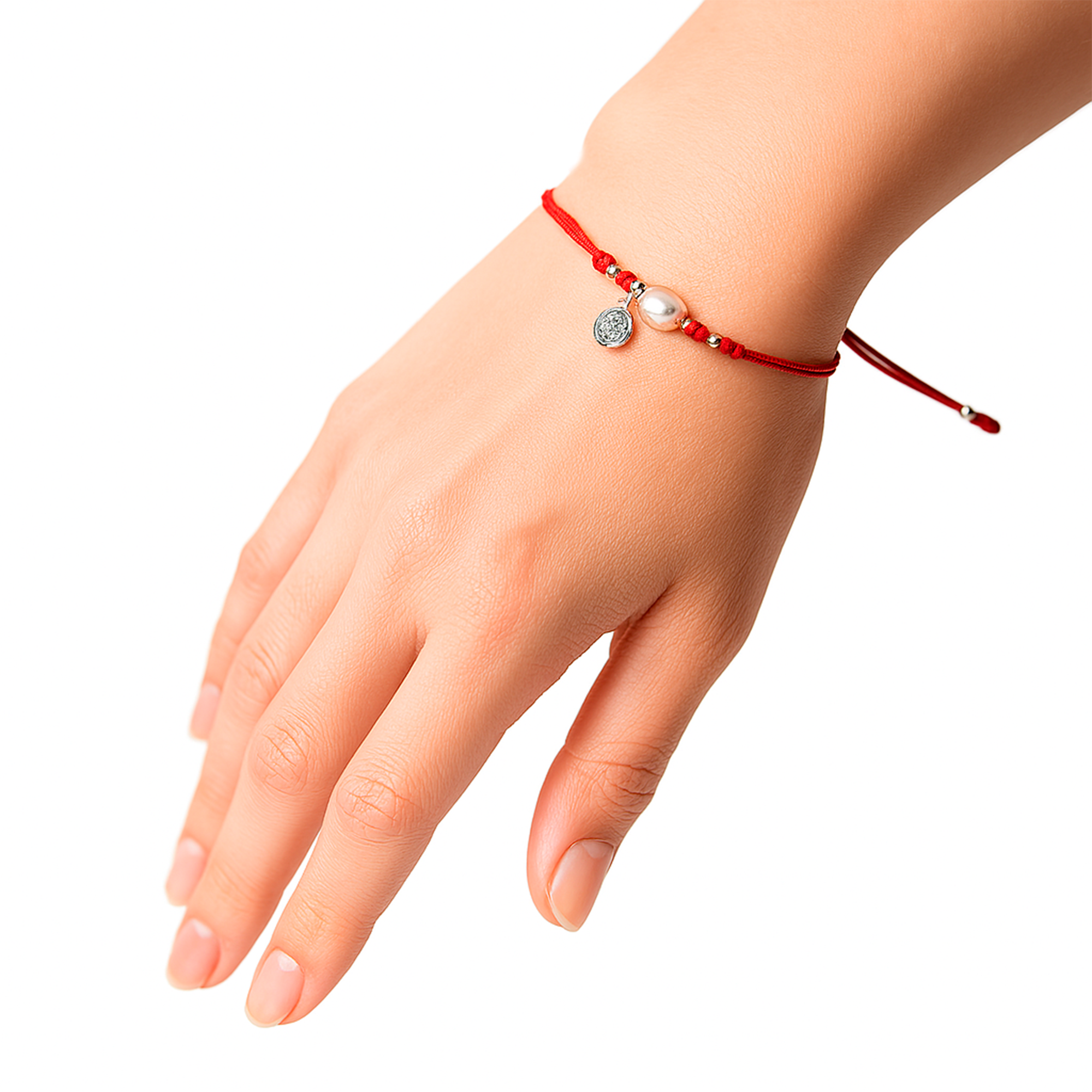 Pulsera Ajustable de Hilo con Perla Natural y Dije de San Benito Plata .925