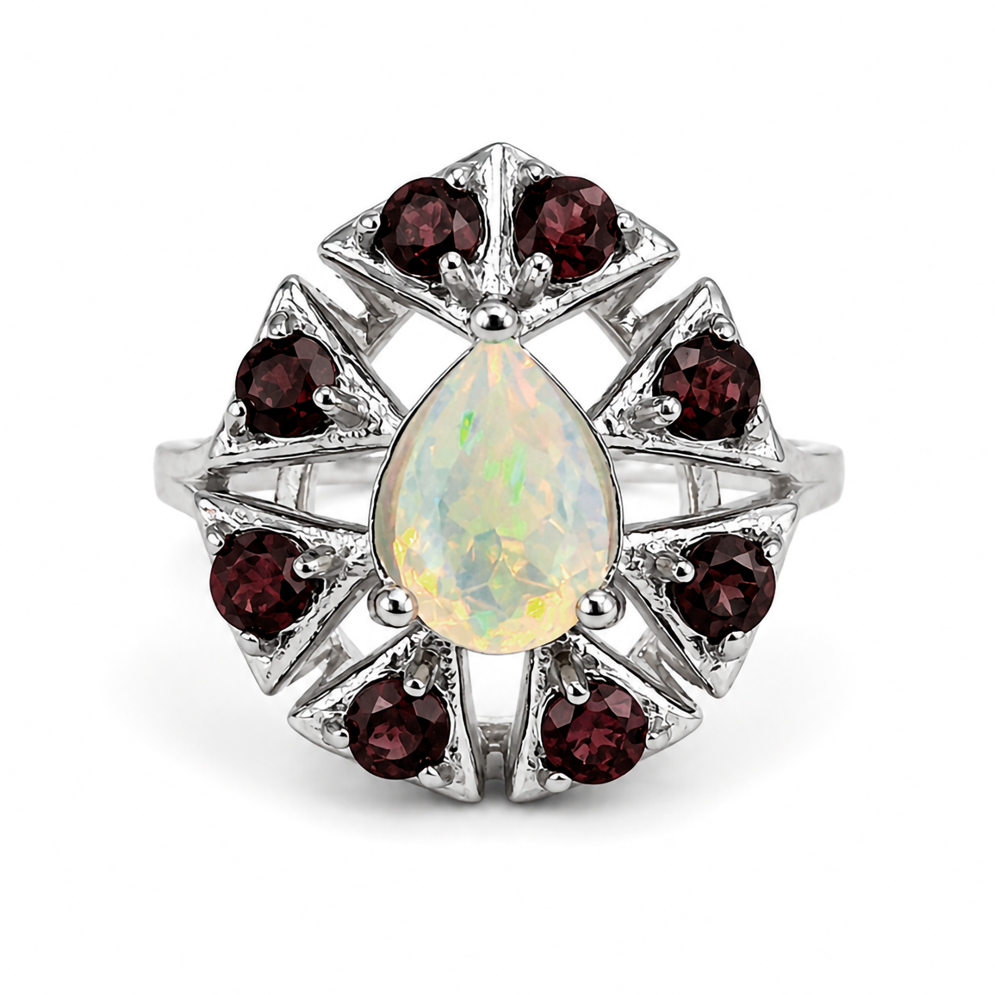 Anillo Piedras Preciosas Ópalo de Etiopía en Gota con Granate, Plata .925 con Baño de Rodio