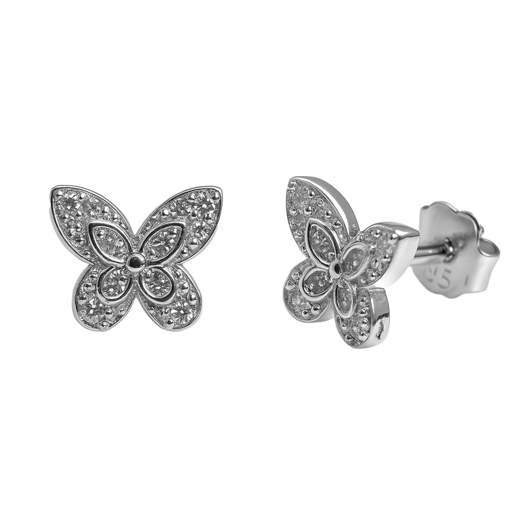 Broquel Mariposa Alas Picudas con Micro Circonias Plata .925 con Baño de Rodio