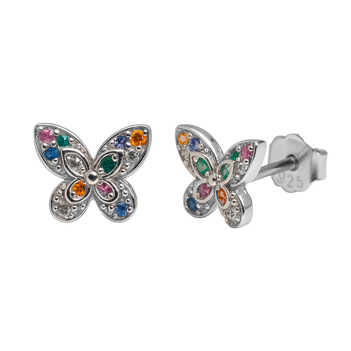 Broquel Mariposa Alas Picudas con Micro Circonias Plata .925 con Baño de Rodio