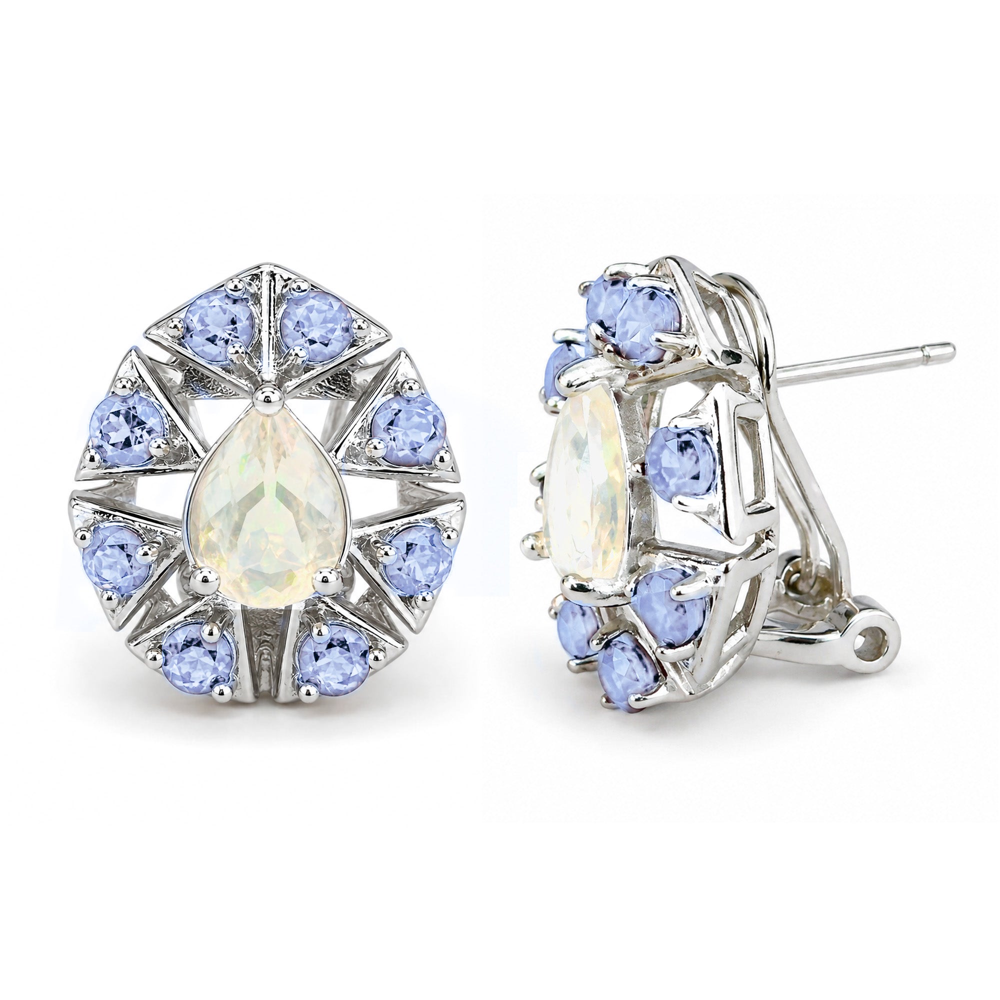 Aretes Piedras Preciosas Ópalo de Etiopía en Gota con Tanzanita y Broche Francés, Plata .925 con Baño de Rodio