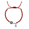 Pulsera Ajustable de Hilo con Cristales Rojos Perla Natural y Dije de San Benito con Corazon Bombeado Plata .925