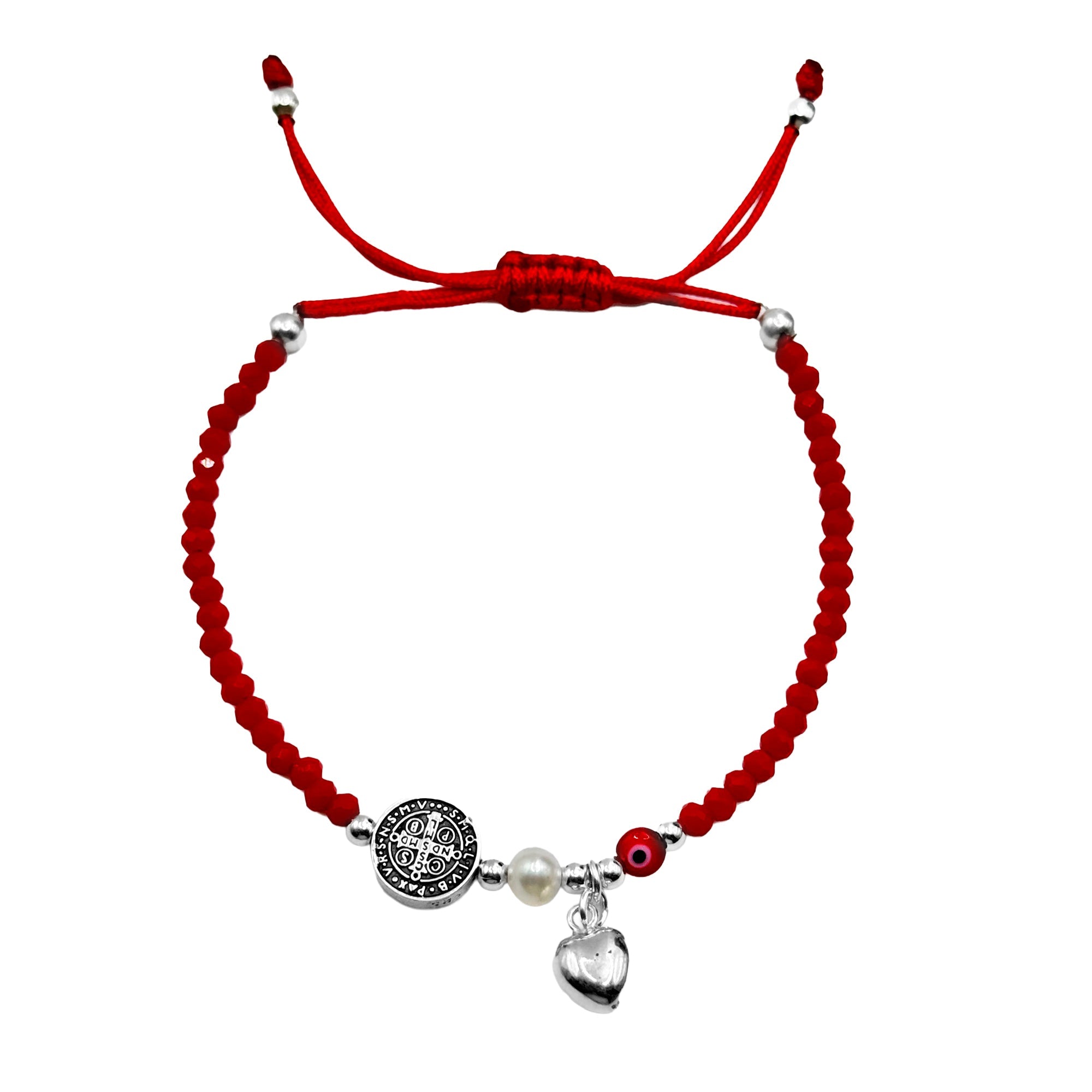 Pulsera Ajustable de Hilo con Cristales Rojos Perla Natural y Dije de San Benito con Corazon Bombeado Plata .925