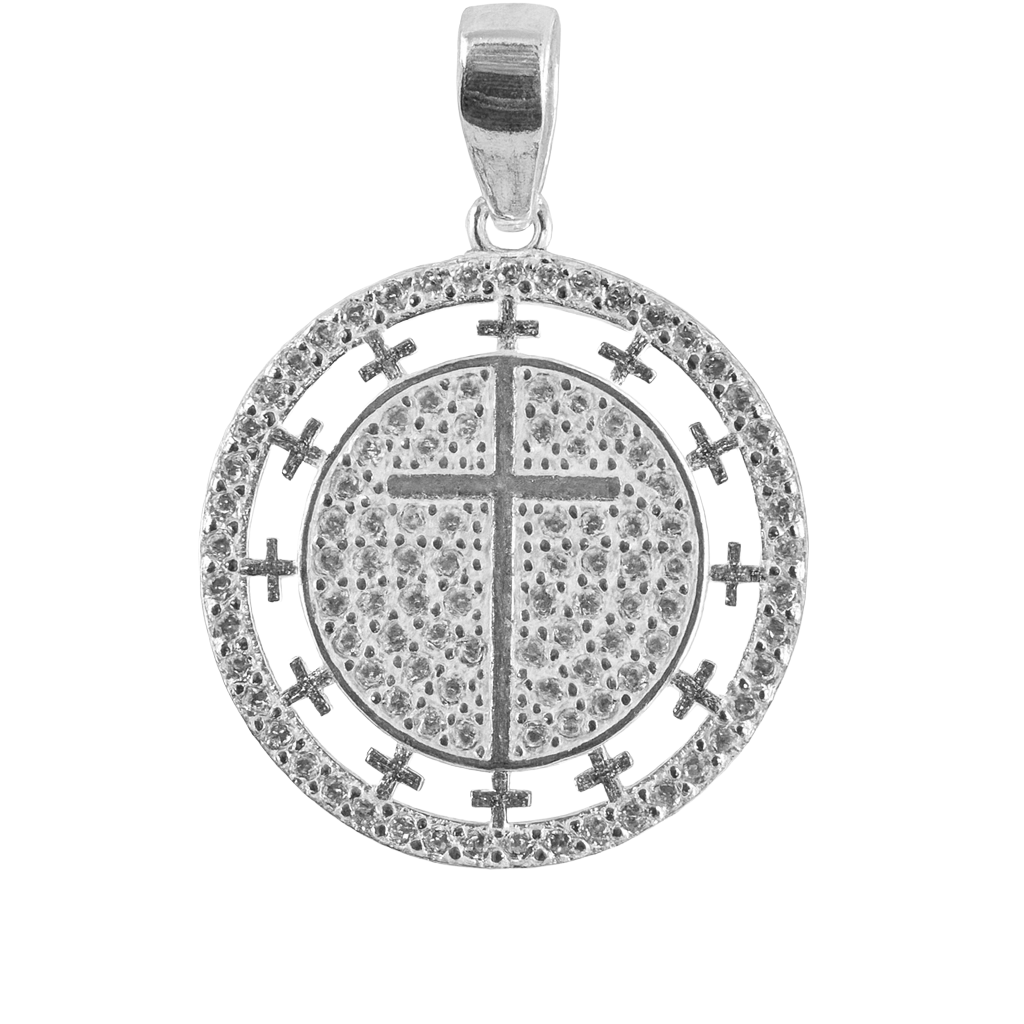 Dije Medalla de Micro Circonias con Cruz Plata .925