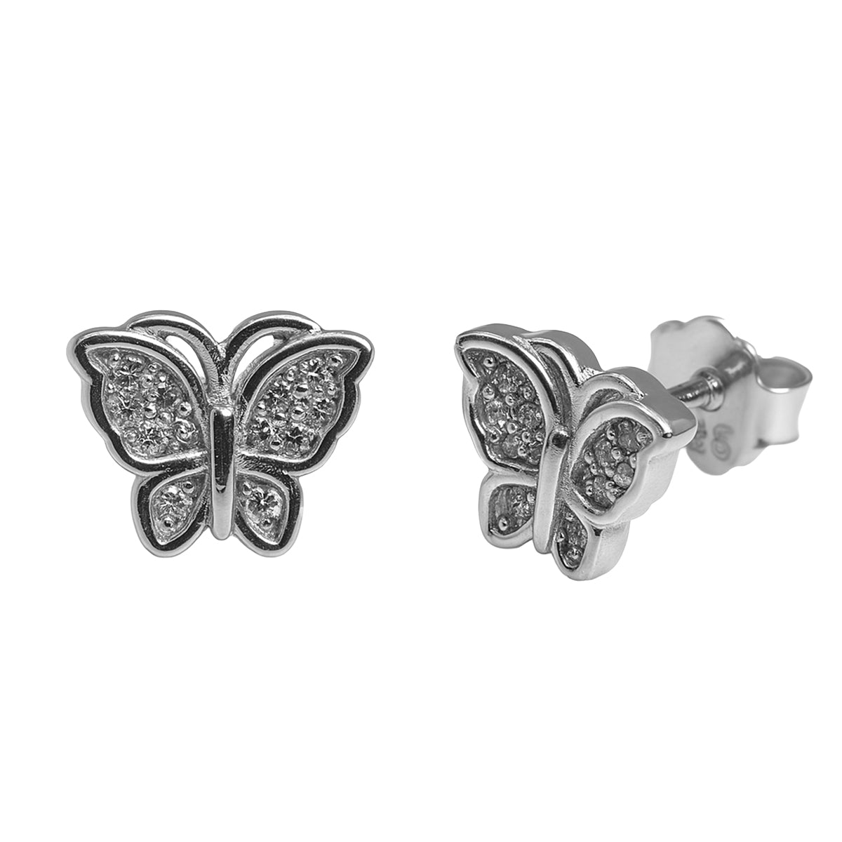 Broquel Mariposa Biselada con Micro Circonias Plata .925 con Baño de Rodio