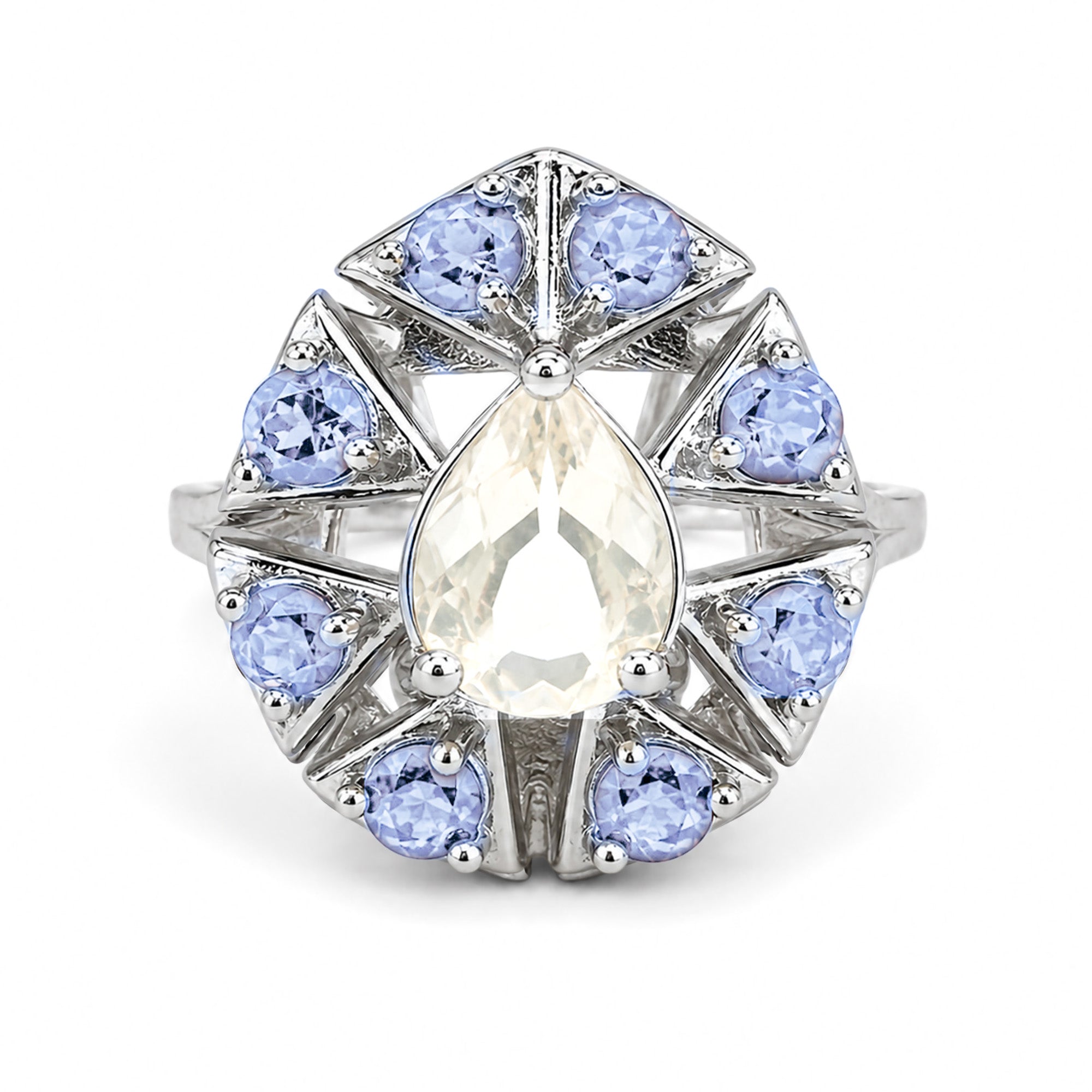 Anillo Piedras Preciosas Ópalo de Etiopía en Gota con Tanzanita, Plata .925 con Baño de Rodio