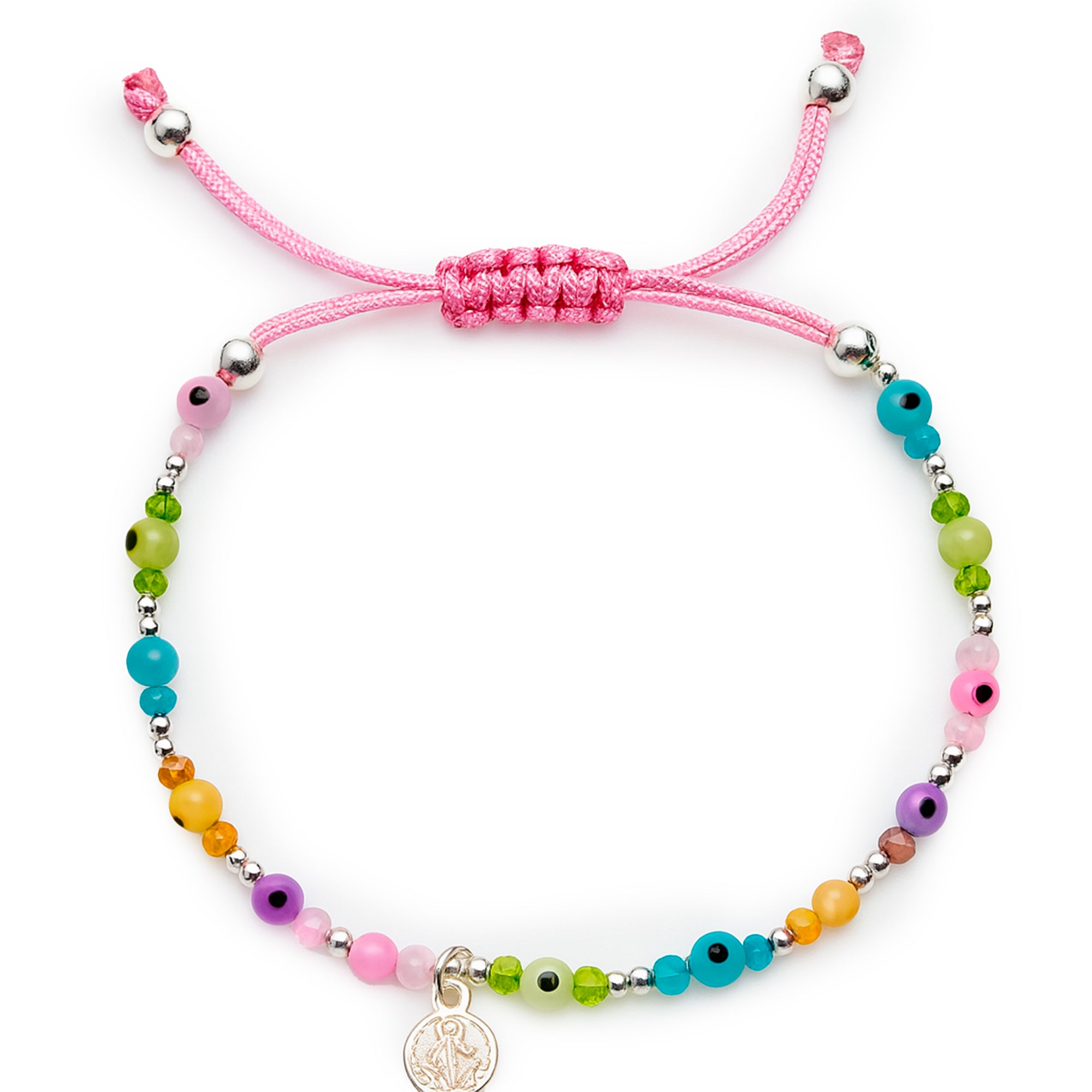 Pulsera Ajustable de Hilo con Ojo Turco de Colores, Cristales y Dije de San Benito Plata .925