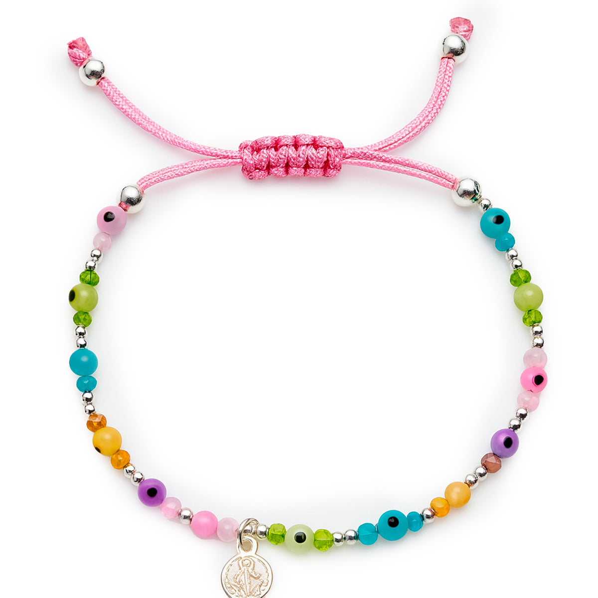 Pulsera Ajustable de Hilo con Ojo Turco de Colores, Cristales y Dije de San Benito Plata .925