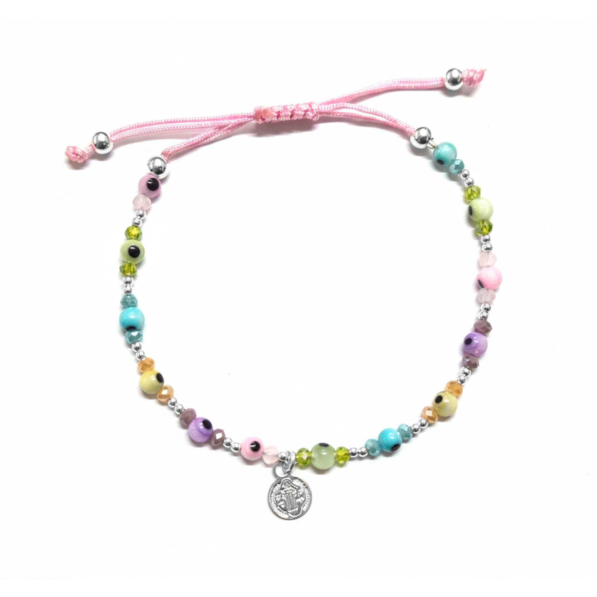 Pulsera Ajustable de Hilo con Ojo Turco de Colores, Cristales y Dije de San Benito Plata .925
