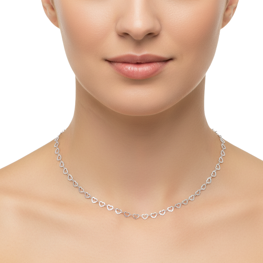 Collar Corazones Diamantados en Forma Zig Zag Plata .925