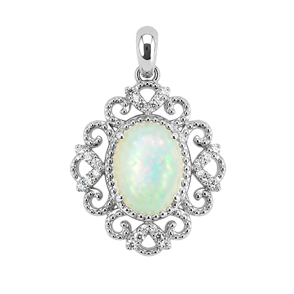 Dije Piedras Preciosas Ópalo de Etiopía Estilo Virreinal con Circonias, Plata .925 con Baño de Rodio