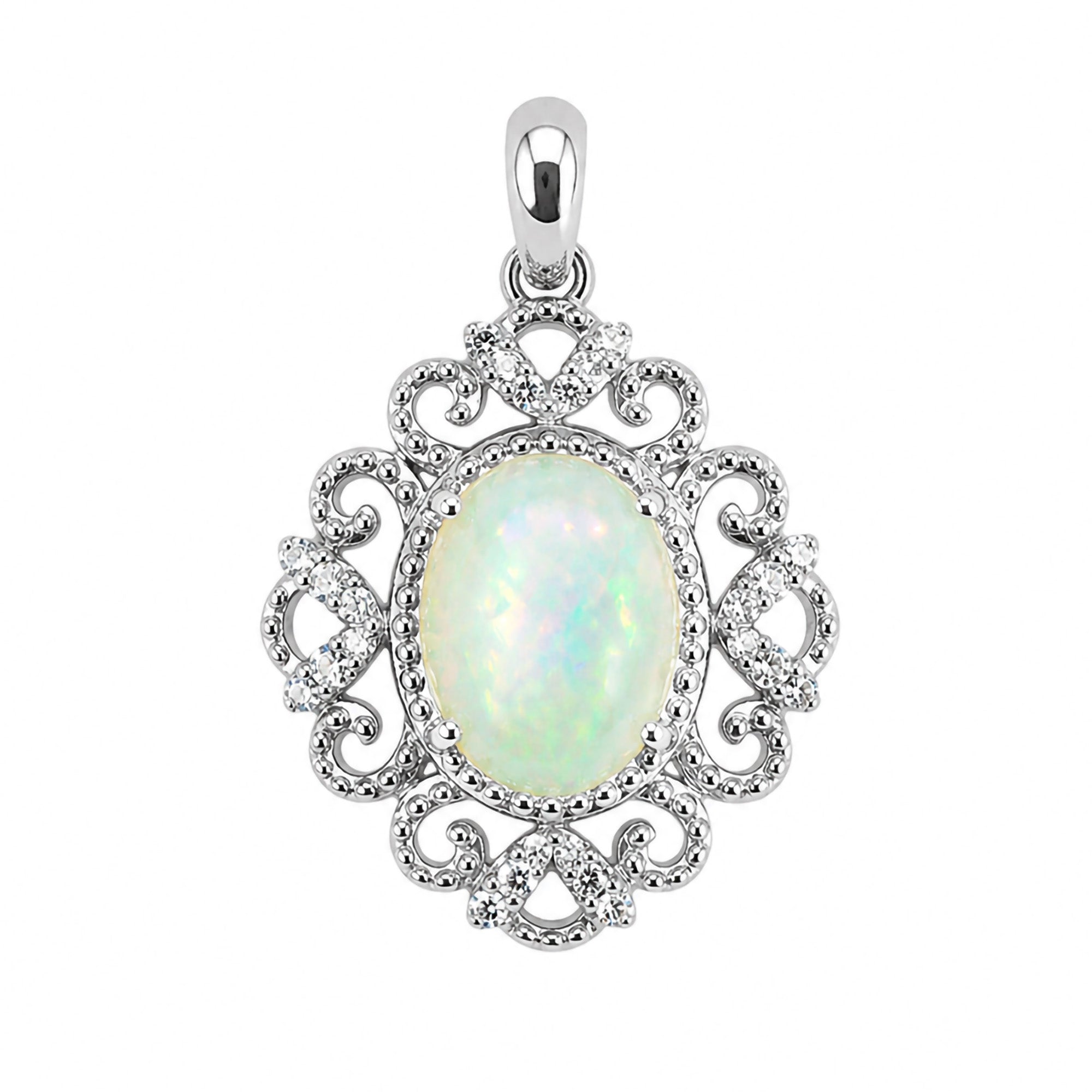 Dije Piedras Preciosas Ópalo de Etiopía Estilo Virreinal con Circonias, Plata .925 con Baño de Rodio