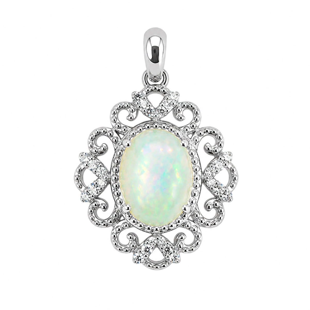 Dije Piedras Preciosas Ópalo de Etiopía Estilo Virreinal con Circonias, Plata .925 con Rodio