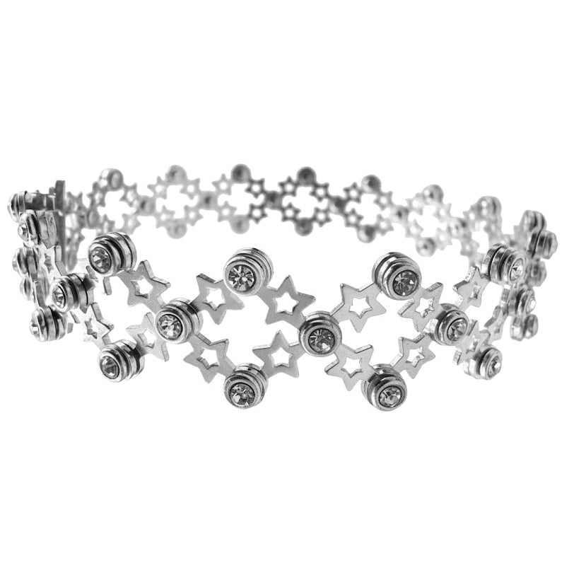 Brazalete Dos Usos Pulsera o Anillo con Siluetas de Estrellas y Circonias Plata .925 con Baño de Rodio