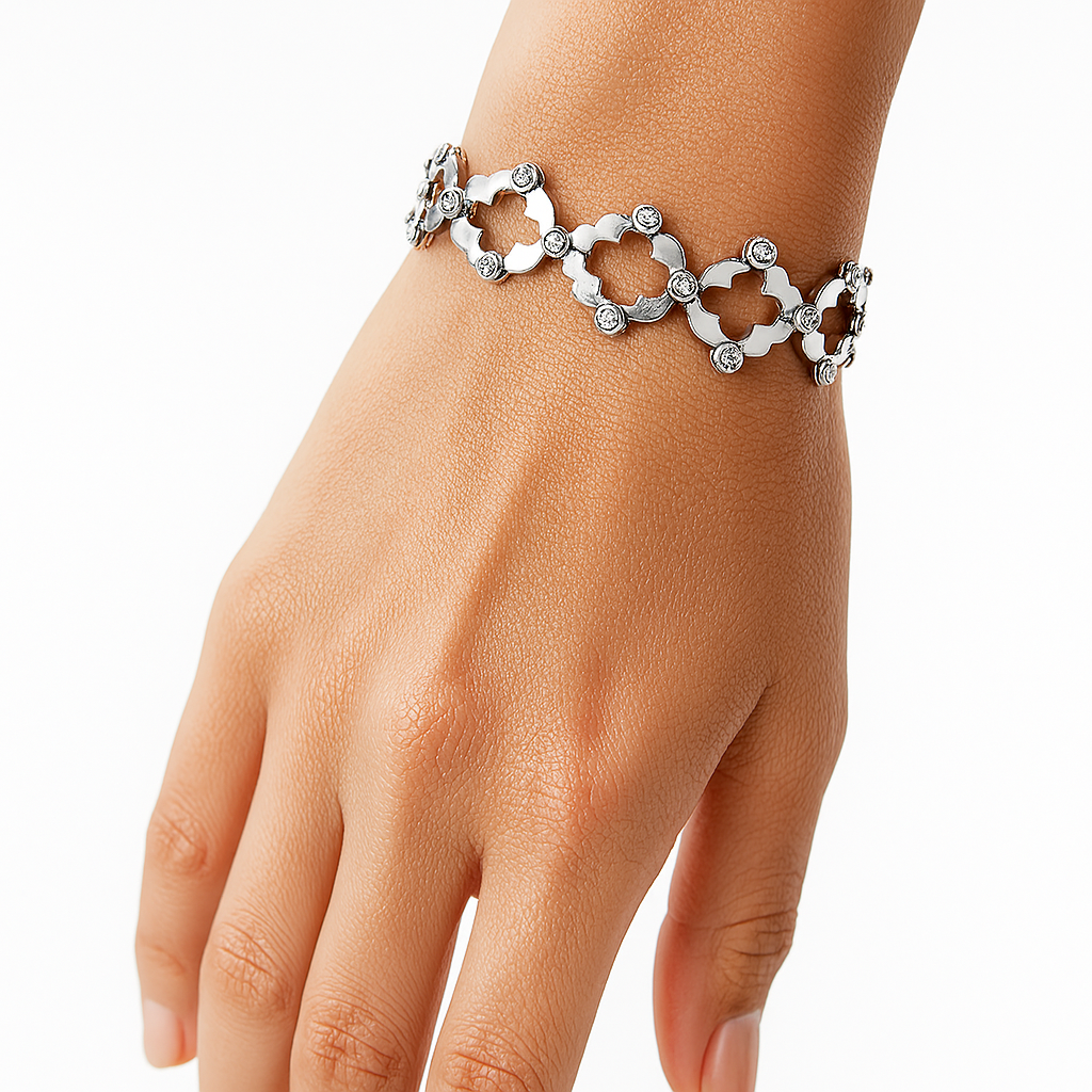 Brazalete Dos Usos Pulsera o Anillo con Silueta de Flor y Circonias Plata .925 con Rodio