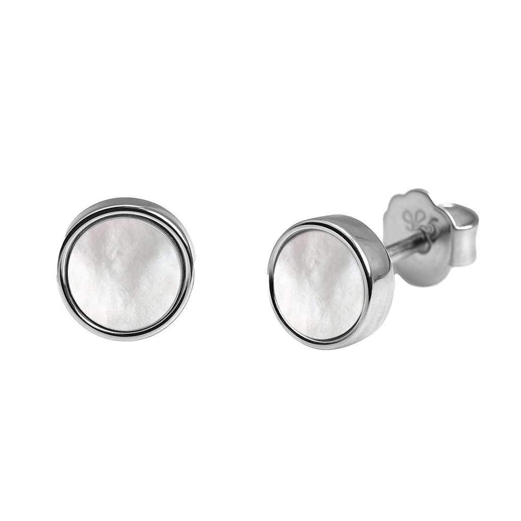 Broquel Redondo Madre Perla Blanca Plata .925 con Baño de Rodio