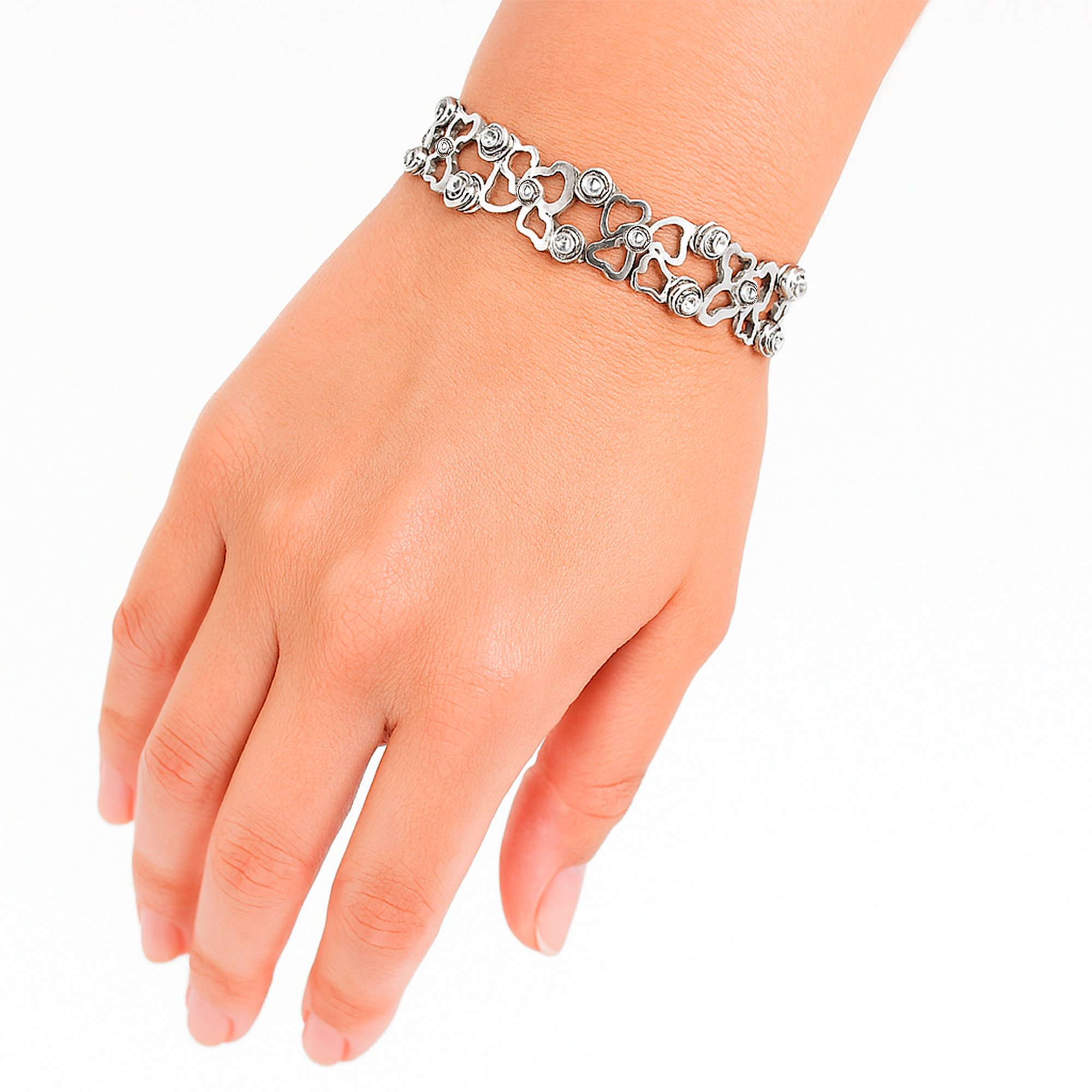 Brazalete Doble Uso Pulsera o Anillo con Siluetas de Corazones y CIrconias Plata .925 con Rodio