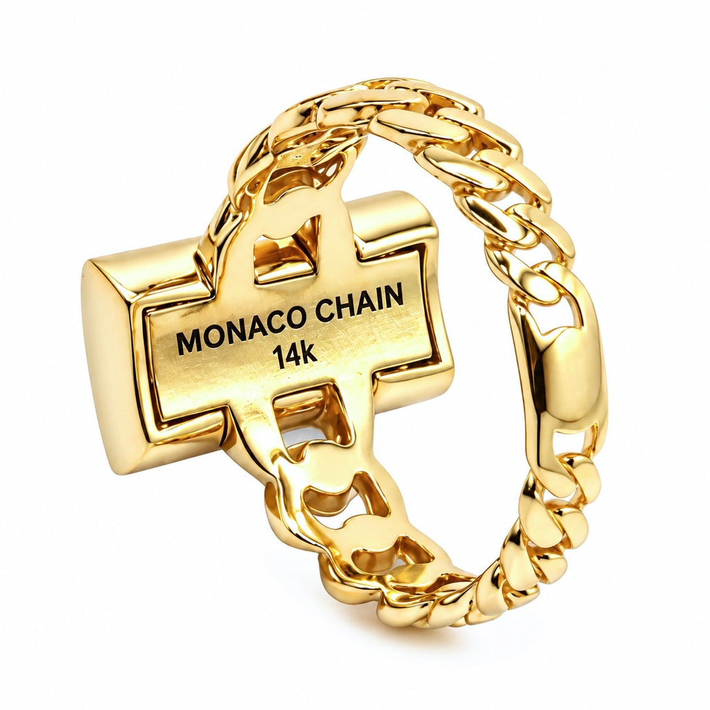 Anillo Mónaco Chain Original Cadena Cubana con Rectángulo Circonias, Oro 14K
