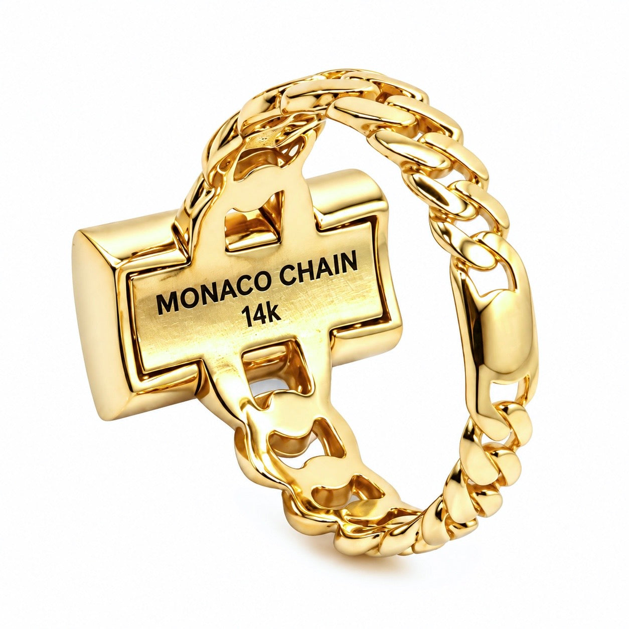 Anillo Mónaco Chain Original Cadena Cubana con Rectángulo Circonias, Oro 14K