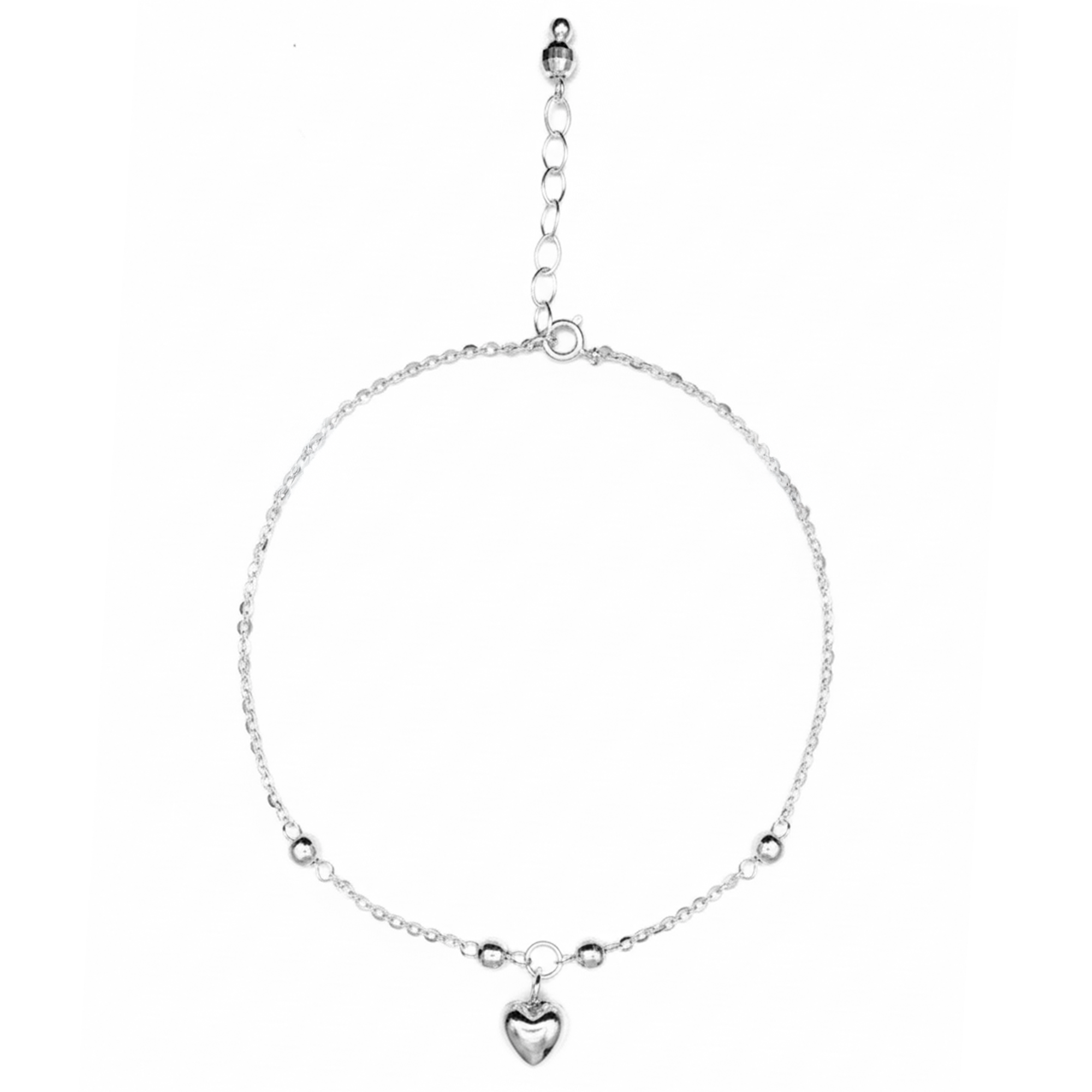 Tobillera Dije de Corazón Bombeado con Bolitas Diamantadas y Cadena Eslabones Plata .925