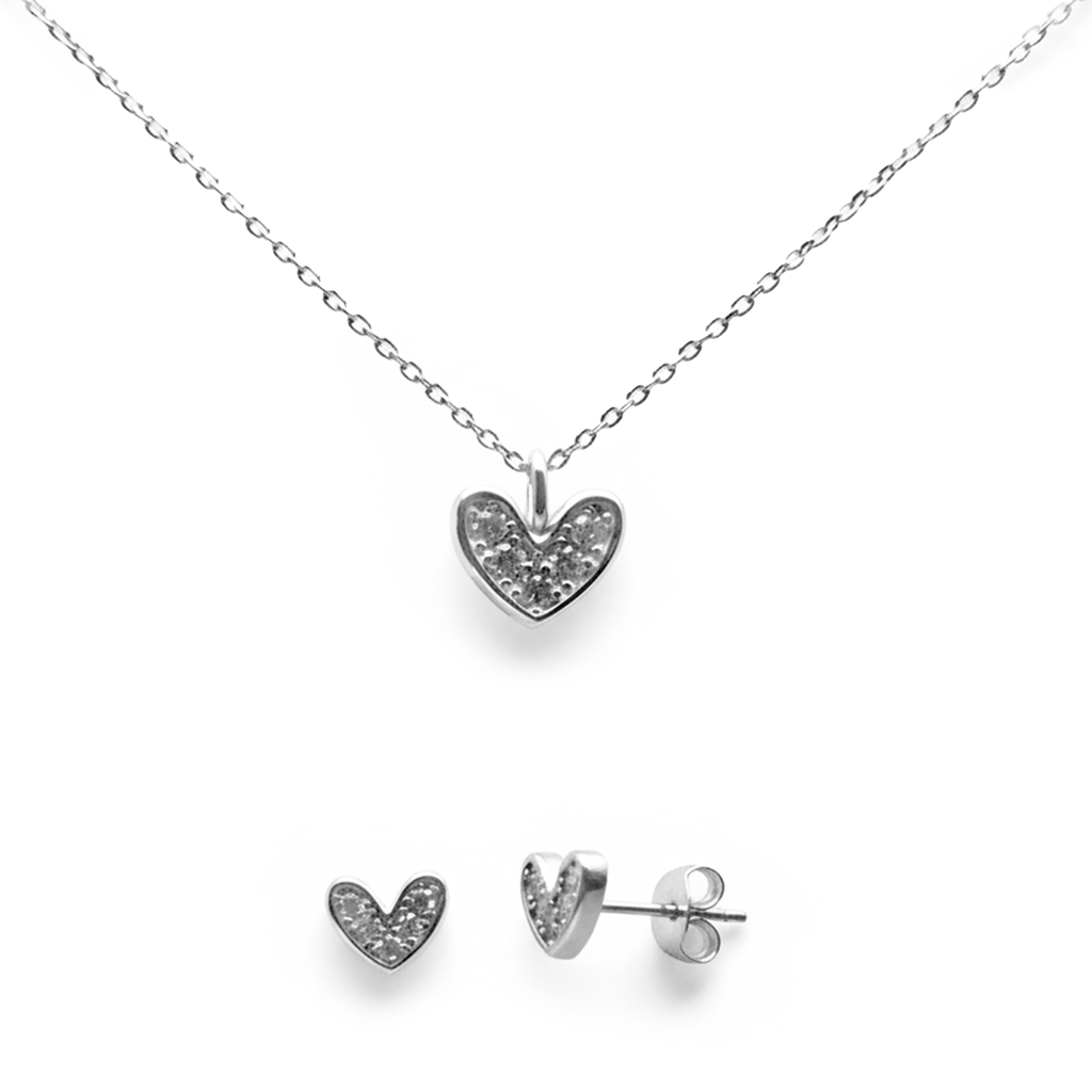 Juego Corazón con Circonias Plata .925 con Baño de Rodio