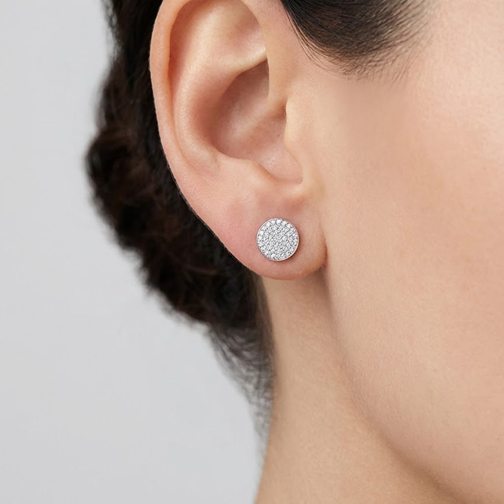 Arete Broquel Círculo con Micro Circonias Plata .925 con Baño de Rodio