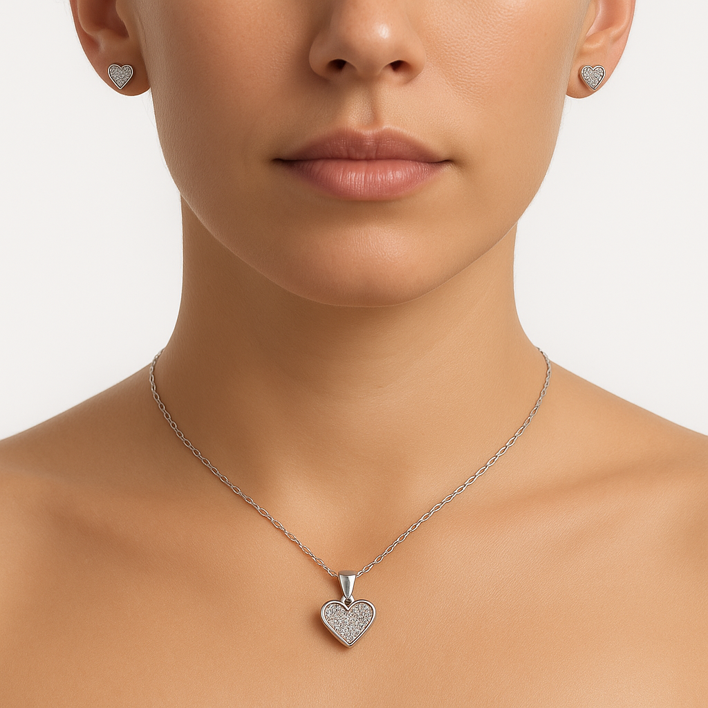 Juego Corazón con Circonias Plata .925 con Baño de Rodio