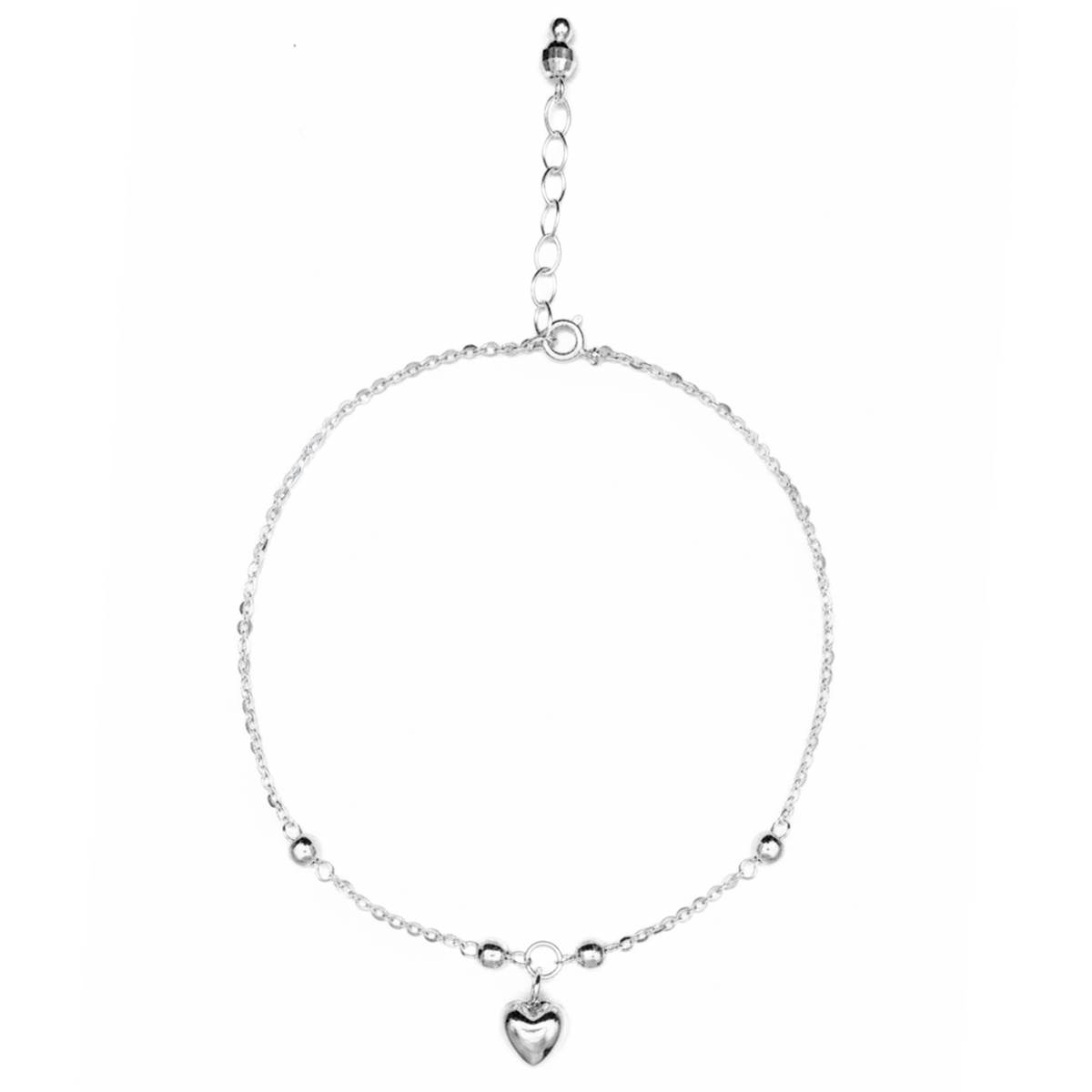 Tobillera Dije de Corazón Bombeado con Bolitas Diamantadas y Cadena Eslabones Plata .925
