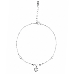 Tobillera Dije de Corazón Bombeado con Bolitas Diamantadas y Cadena Eslabones Plata .925