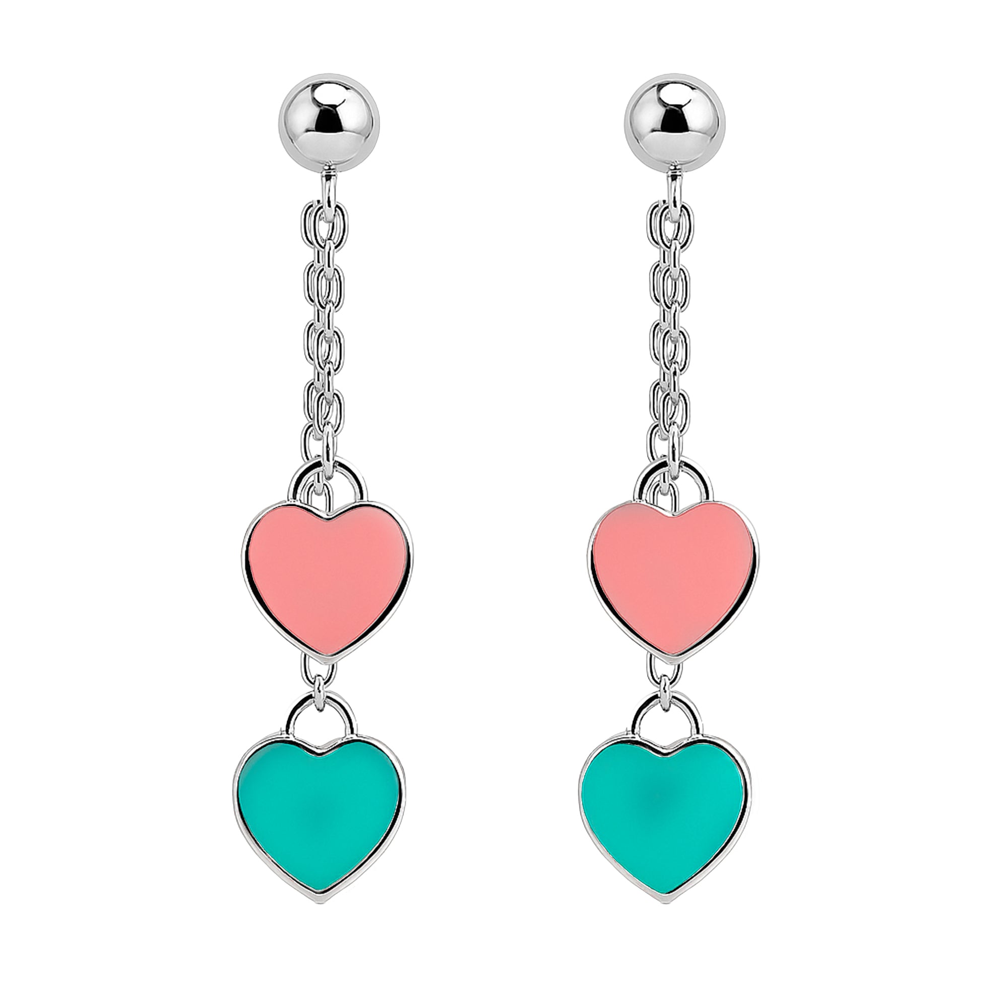 Arete Largo Inspirado Tiff Corazones Esmaltados Plata .925 con Baño de Rodio