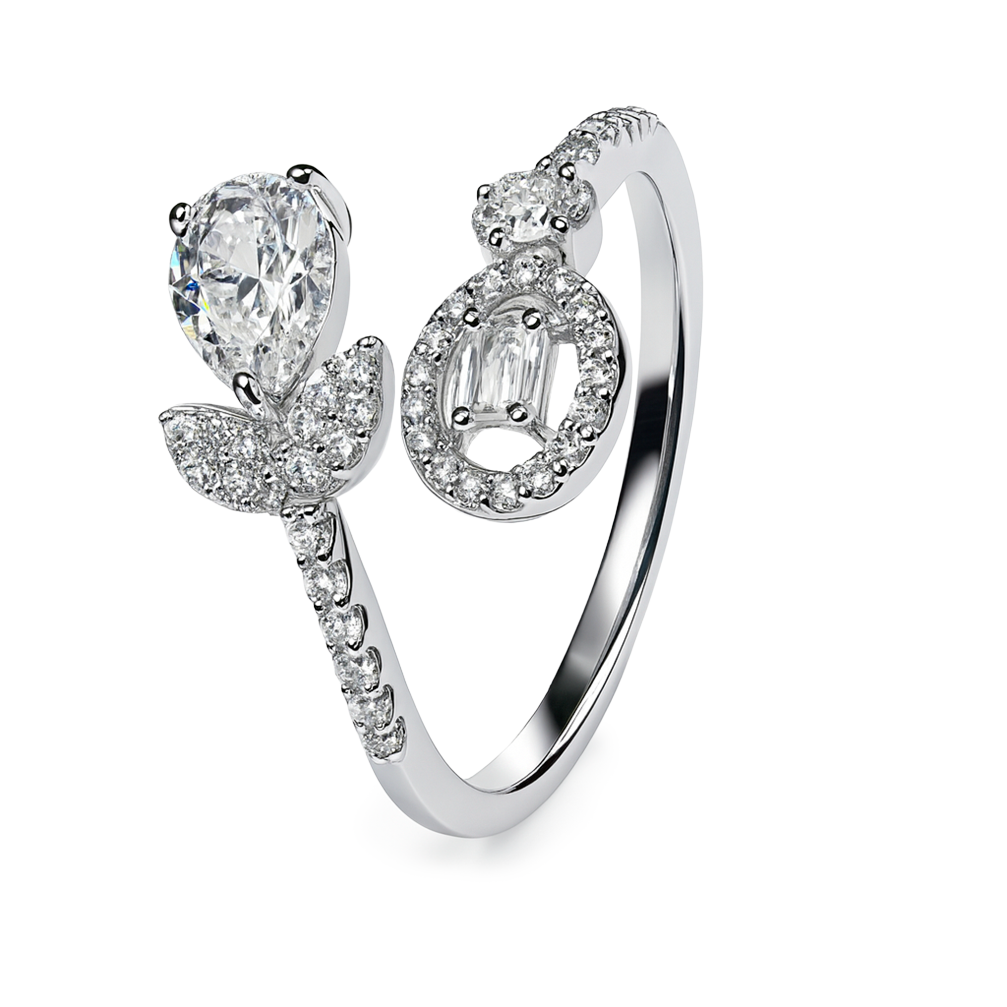 Anillo Flor Ajustable con Micro Circonias Plata .925 con Baño de Rodio