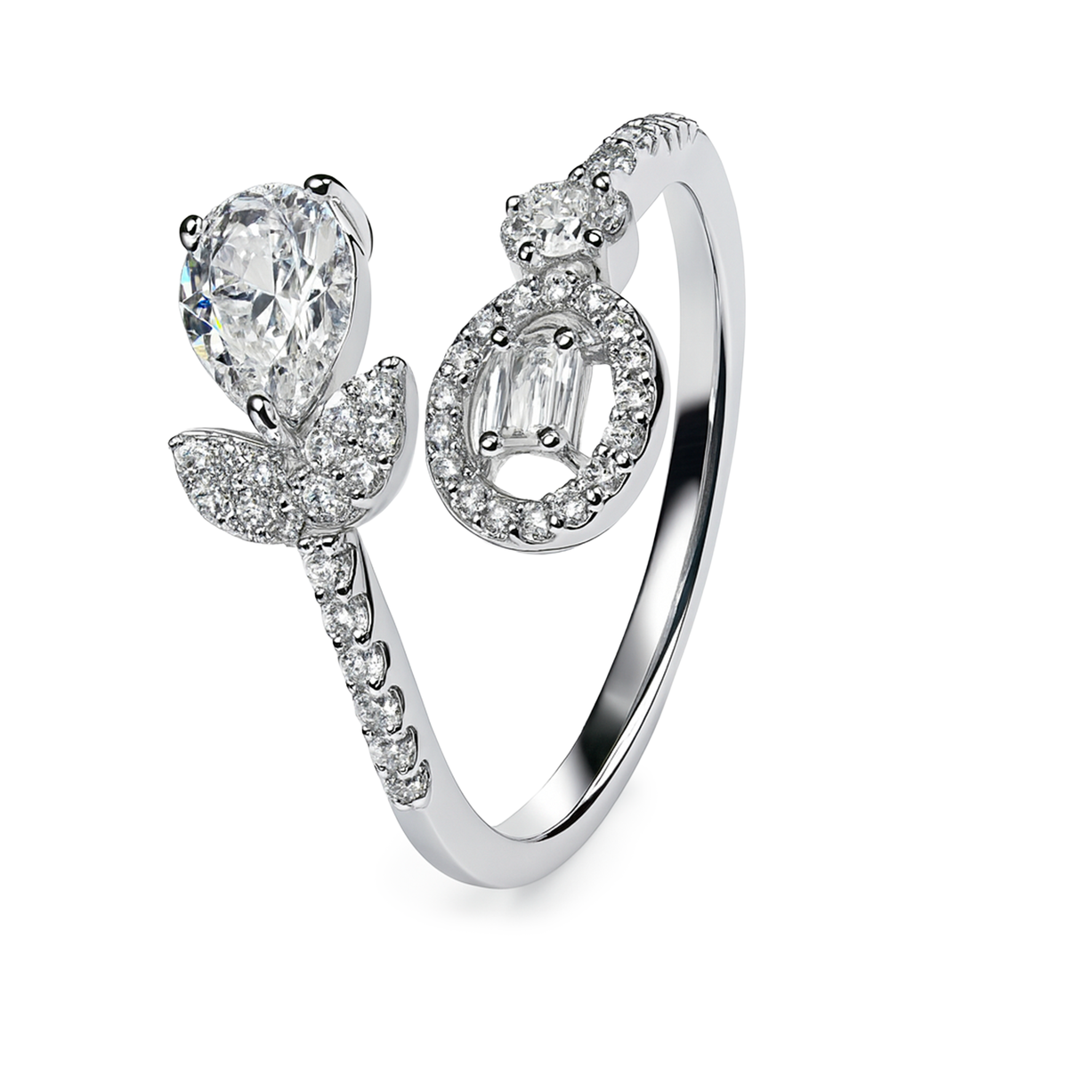 Anillo Flor Ajustable con Micro Circonias Plata .925 con Baño de Rodio
