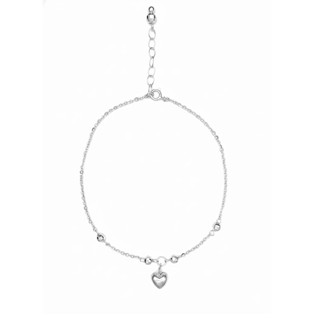 Tobillera Dije de Corazón Bombeado con Bolitas Diamantadas y Cadena Eslabones Plata .925