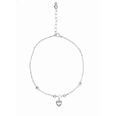Tobillera Dije de Corazón Bombeado con Bolitas Diamantadas y Cadena Eslabones Plata .925