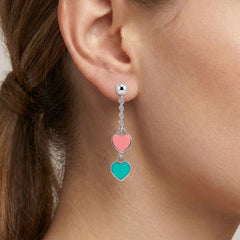 Arete Largo Inspirado Tiff Corazones Esmaltados Plata .925 con Rodio