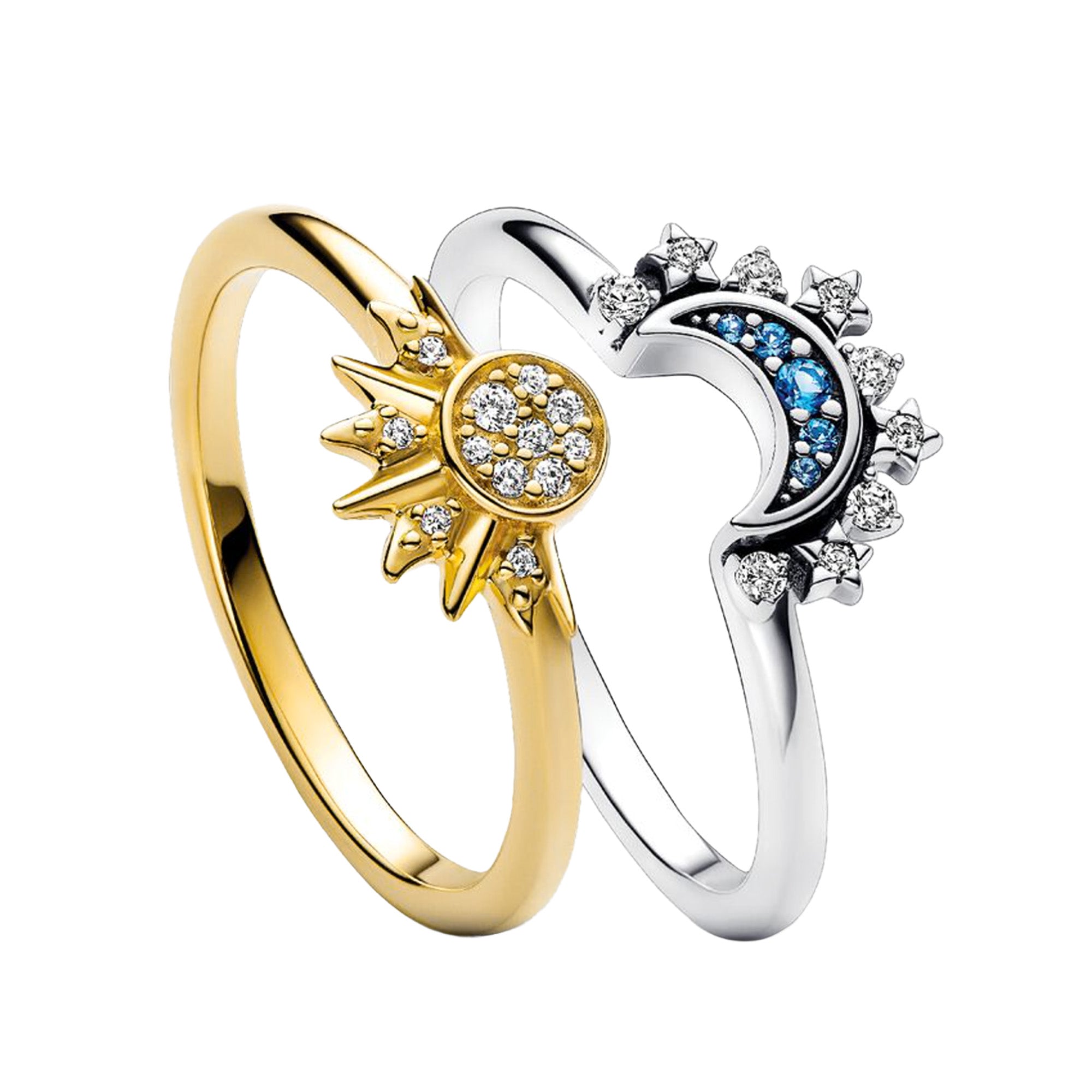 Anillo Inspirado Pan 1.1, Dos Anillos Sol y Luna con Micro Circonias Plata .925 y Plata .925 con Baño de Oro 18k