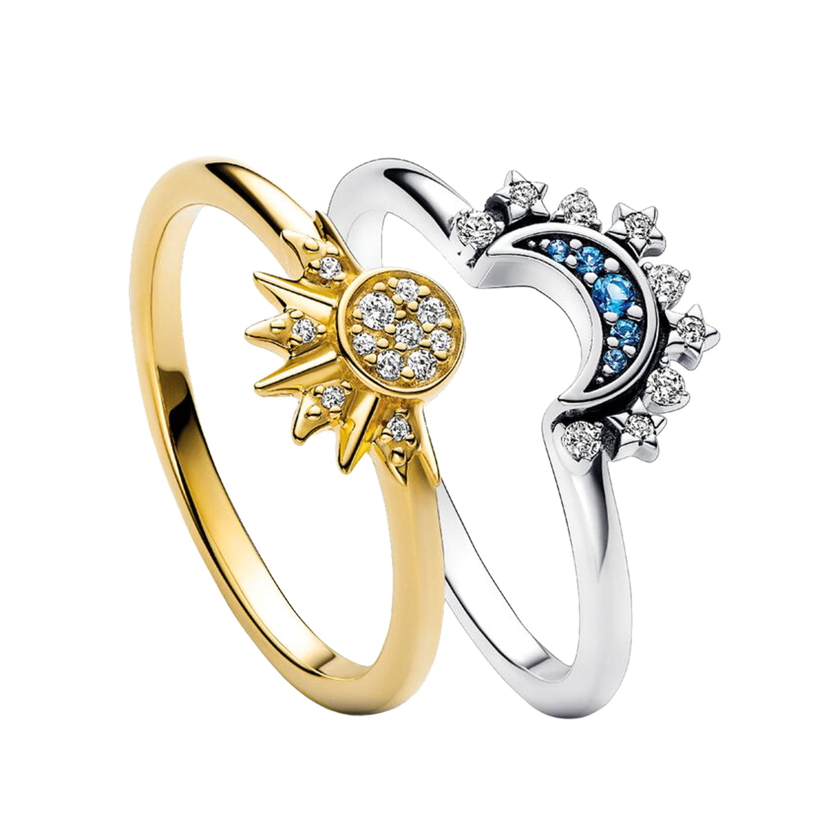 Anillo Inspirado Pan 1.1, Dos Anillos Sol y Luna con Micro Circonias Plata .925 y Plata .925 con Baño de Oro 18k