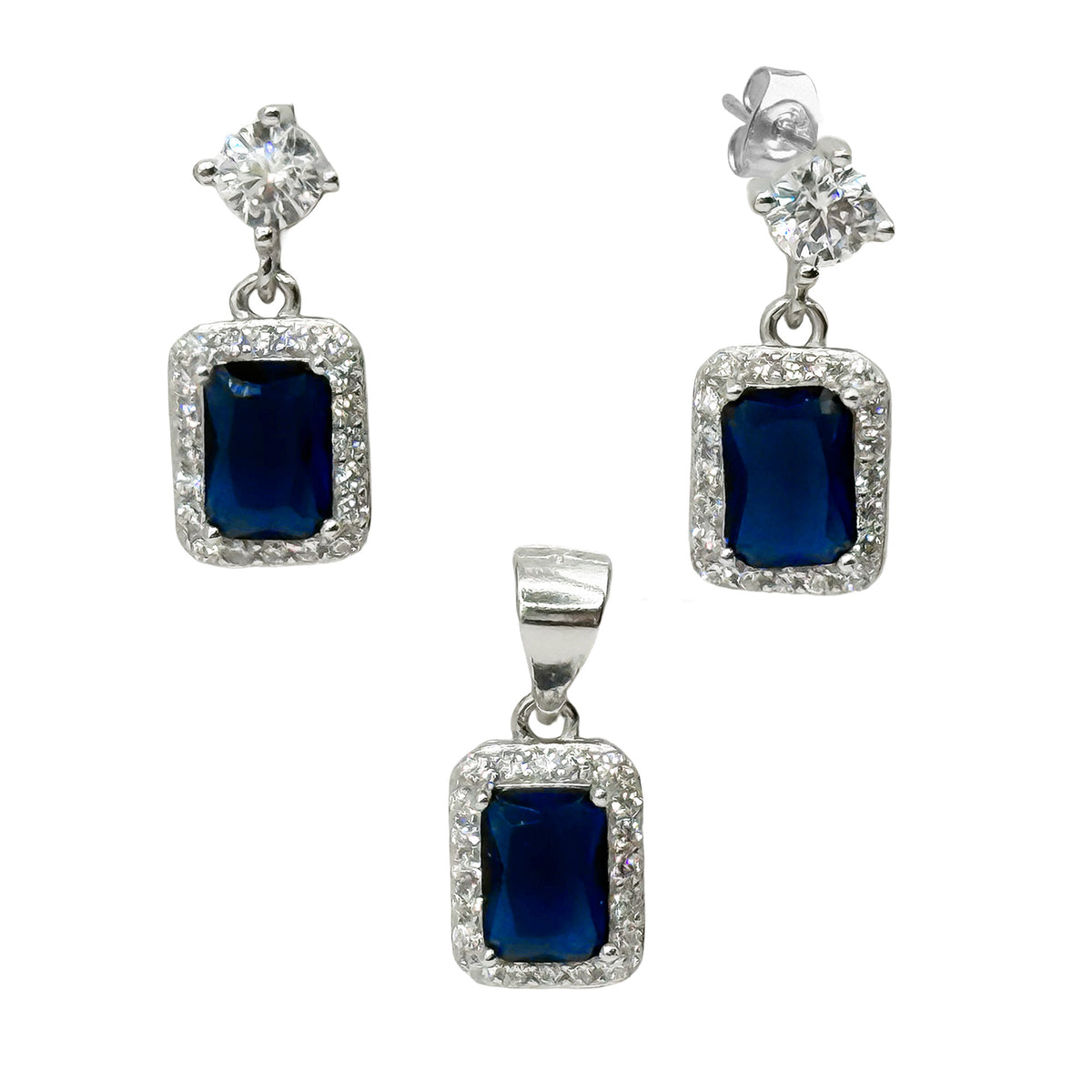 Juego Circonia Cuadrada Azul con Micro Circonias Plata .925 con Rodio