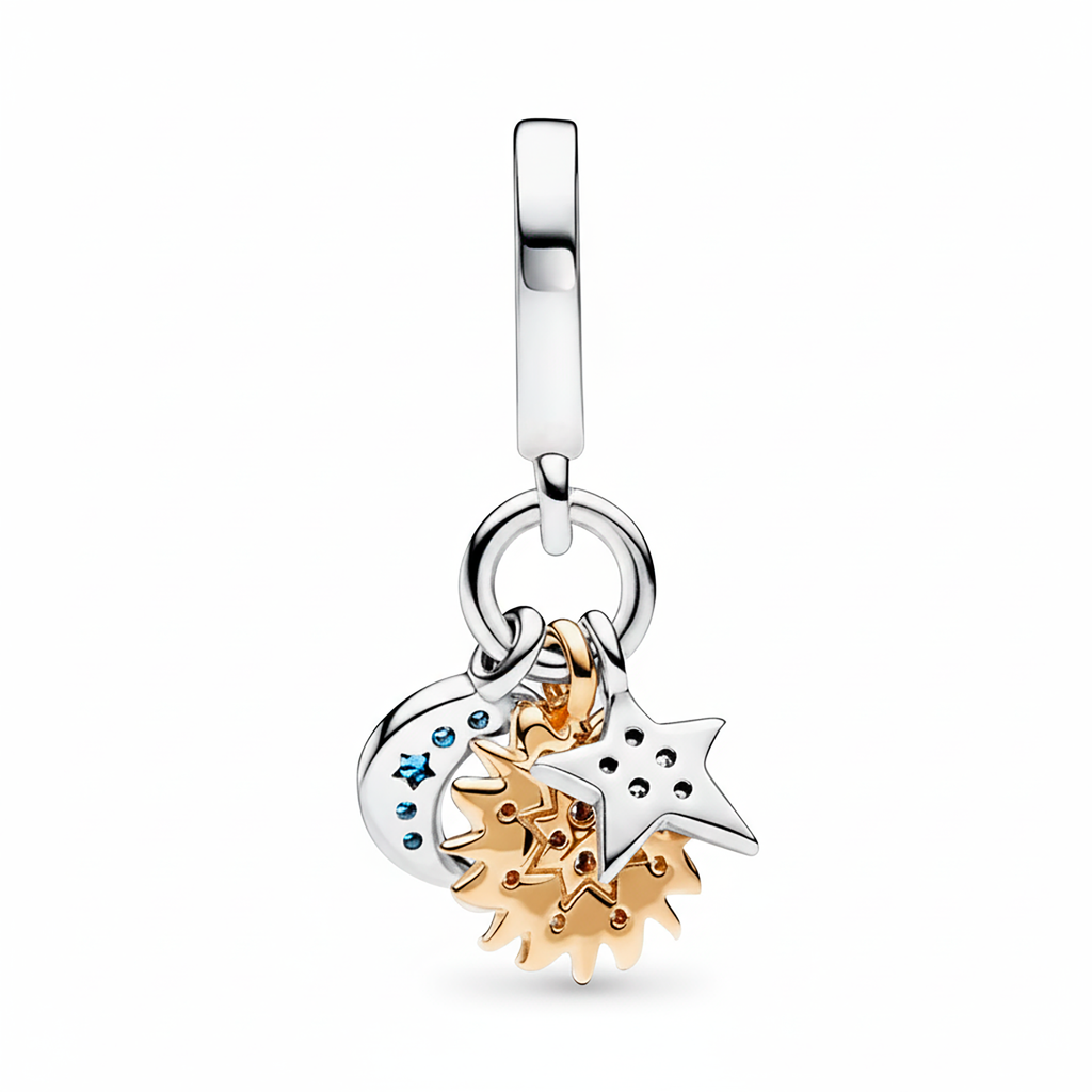Charm Inspirado Pan 1:1 Constelación Luna, Estrella y Sol con Micro Circonias Plata .925