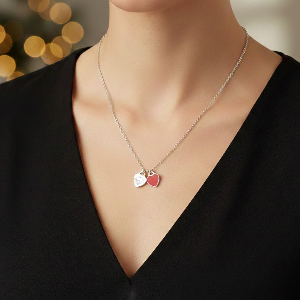 Collar Inspirado Tiff Corazones Grabado y Esmaltado Plata .925 con Baño de Rodio