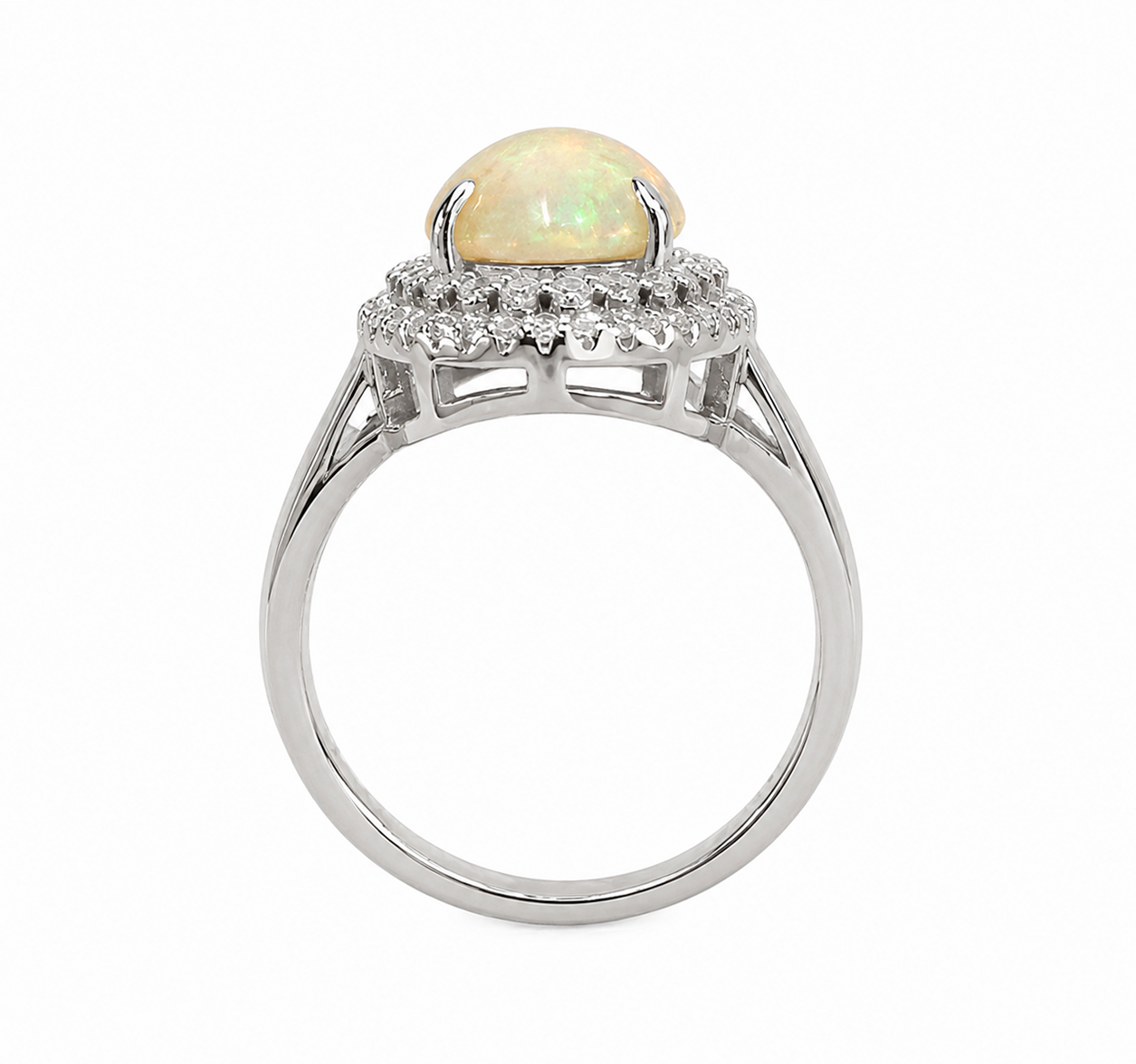 Anillo Piedras Preciosas Maxi Ópalo de Etiopía con Doble Linea de Circonias, Plata .925 con Baño de Rodio