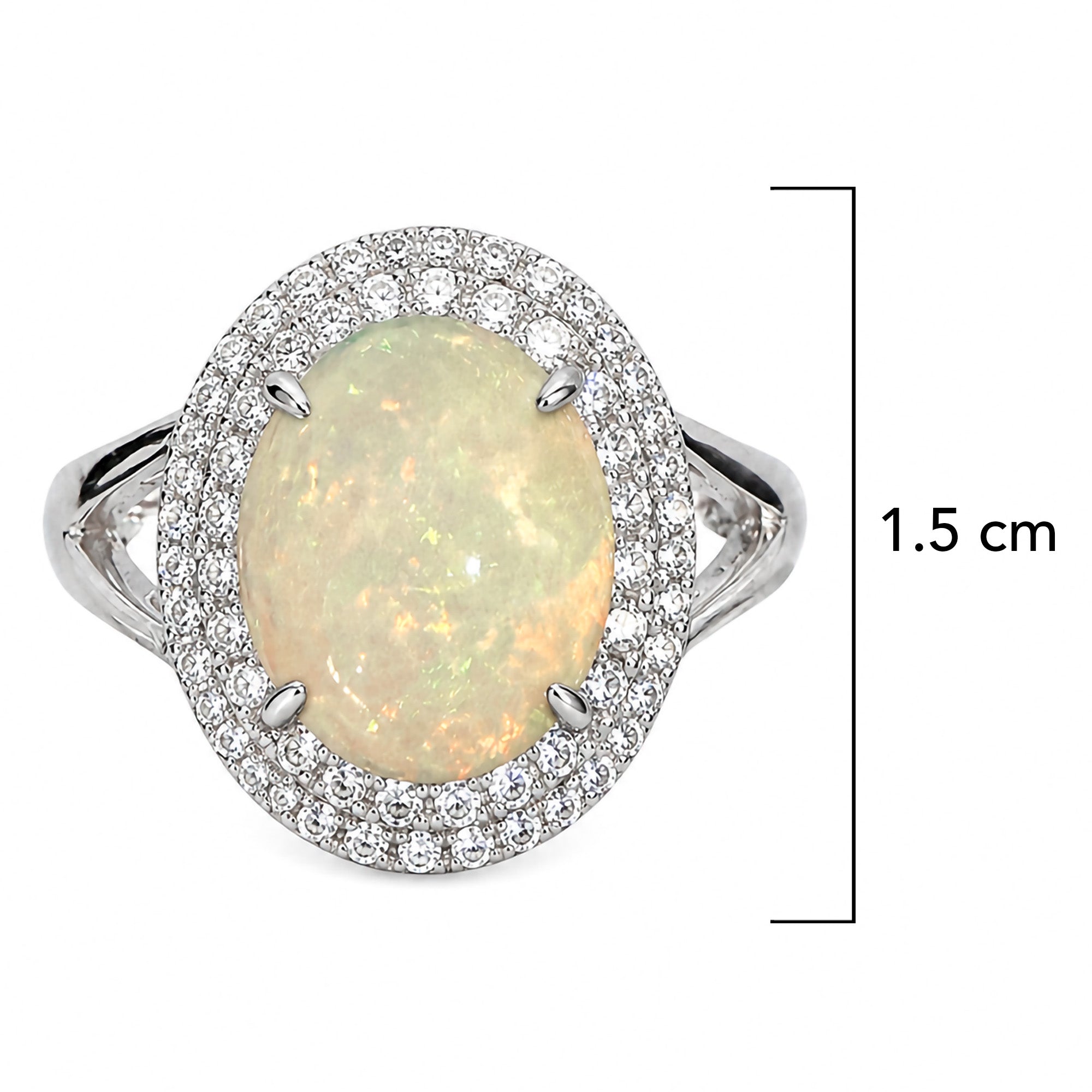 Anillo Piedras Preciosas Maxi Ópalo de Etiopía con Doble Linea de Circonias, Plata .925 con Baño de Rodio