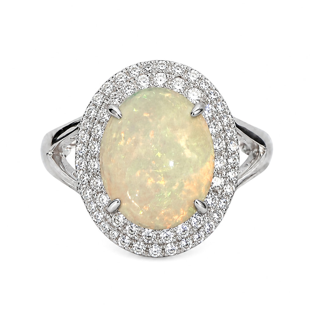 Anillo Piedras Preciosas Maxi Ópalo de Etiopía con Doble Linea de Circonias, Plata .925 con Baño de Rodio