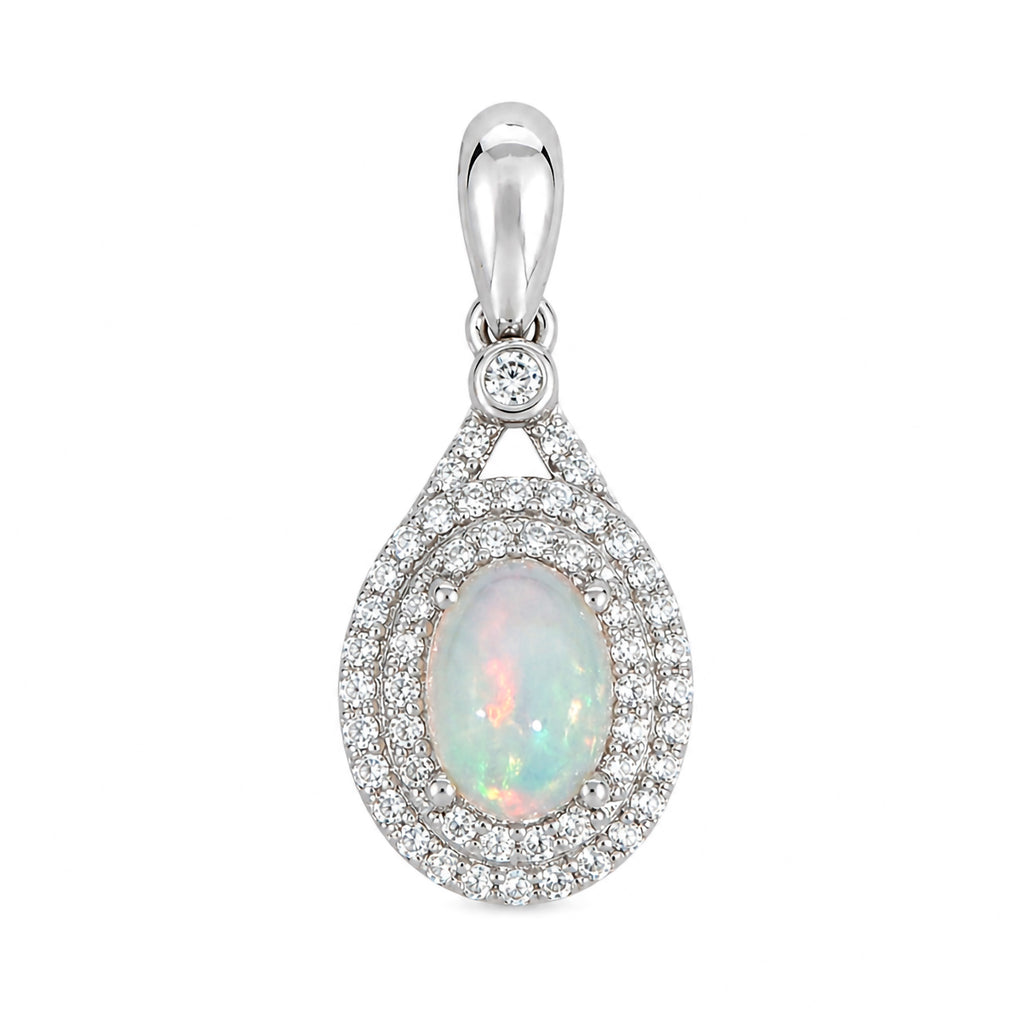 Dije Piedras Preciosas Ópalo de Etiopía Doble Linea de Circonias, Plata .925 con Baño de Rodio