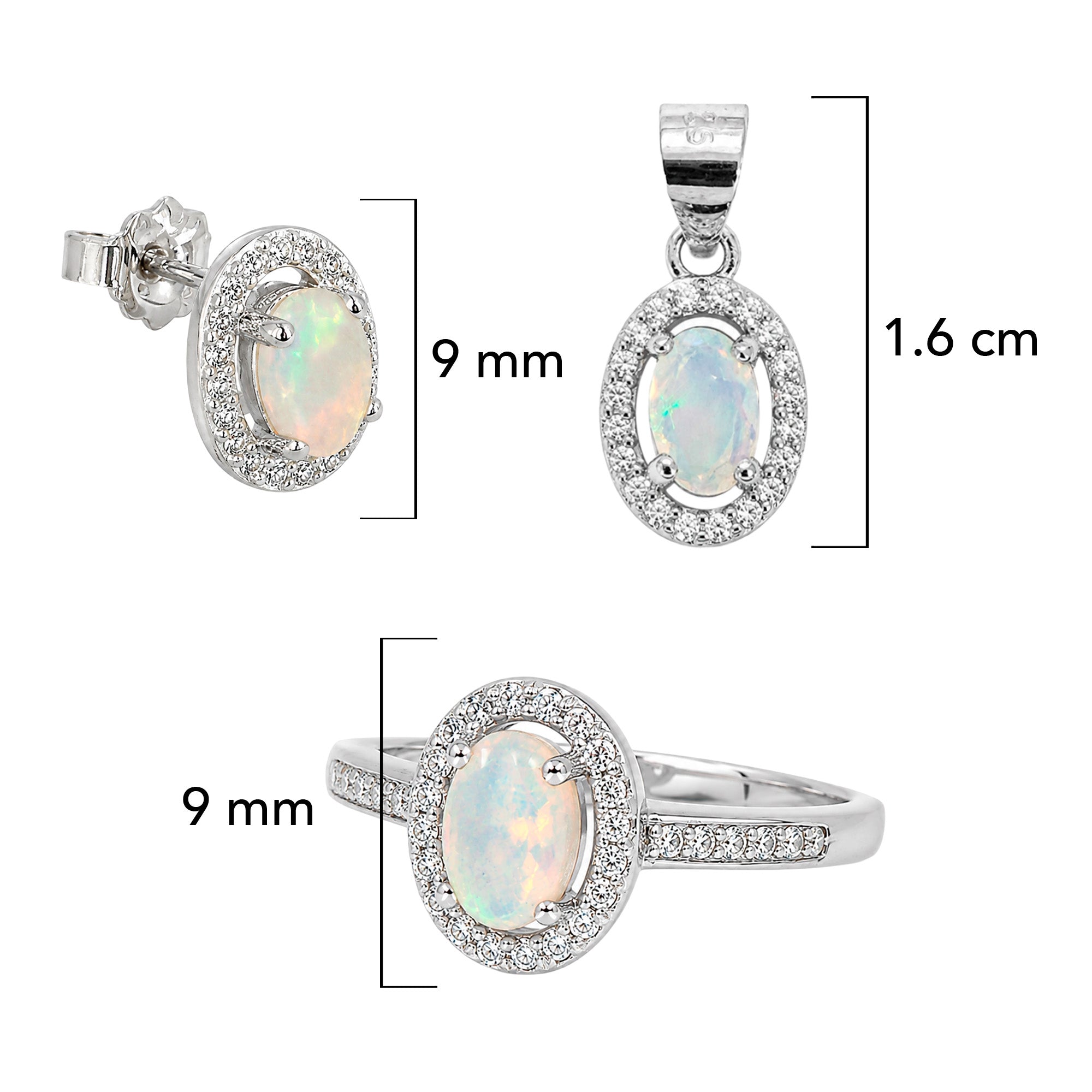 Juego Piedras Preciosas Ópalo de Etiopía Anillos, Aretes y Dije con Circonias, Plata .925 con Baño de Rodio