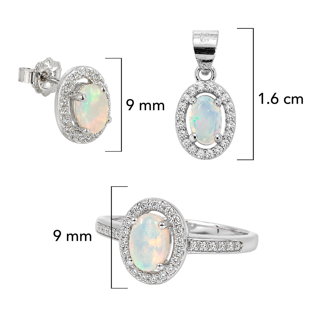 Juego Piedras Preciosas Ópalo de Etiopía Anillos, Aretes y Dije con Circonias, Plata .925 con Baño de Rodio