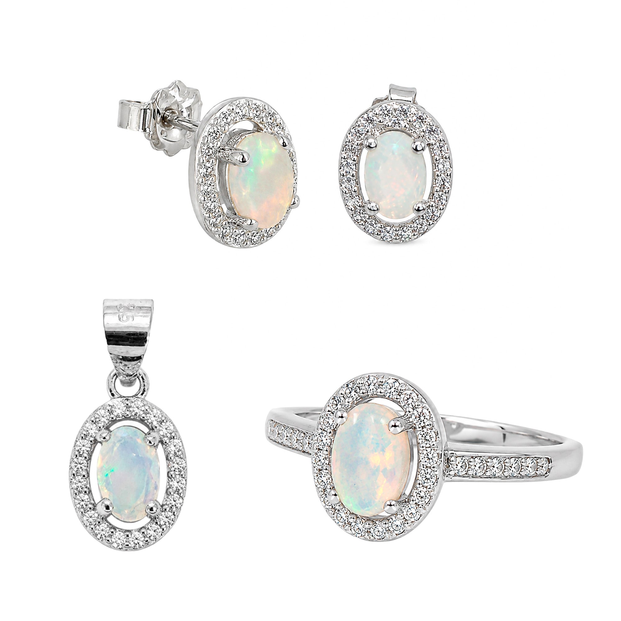 Juego Piedras Preciosas Ópalo de Etiopía Anillos, Aretes y Dije con Circonias, Plata .925 con Baño de Rodio