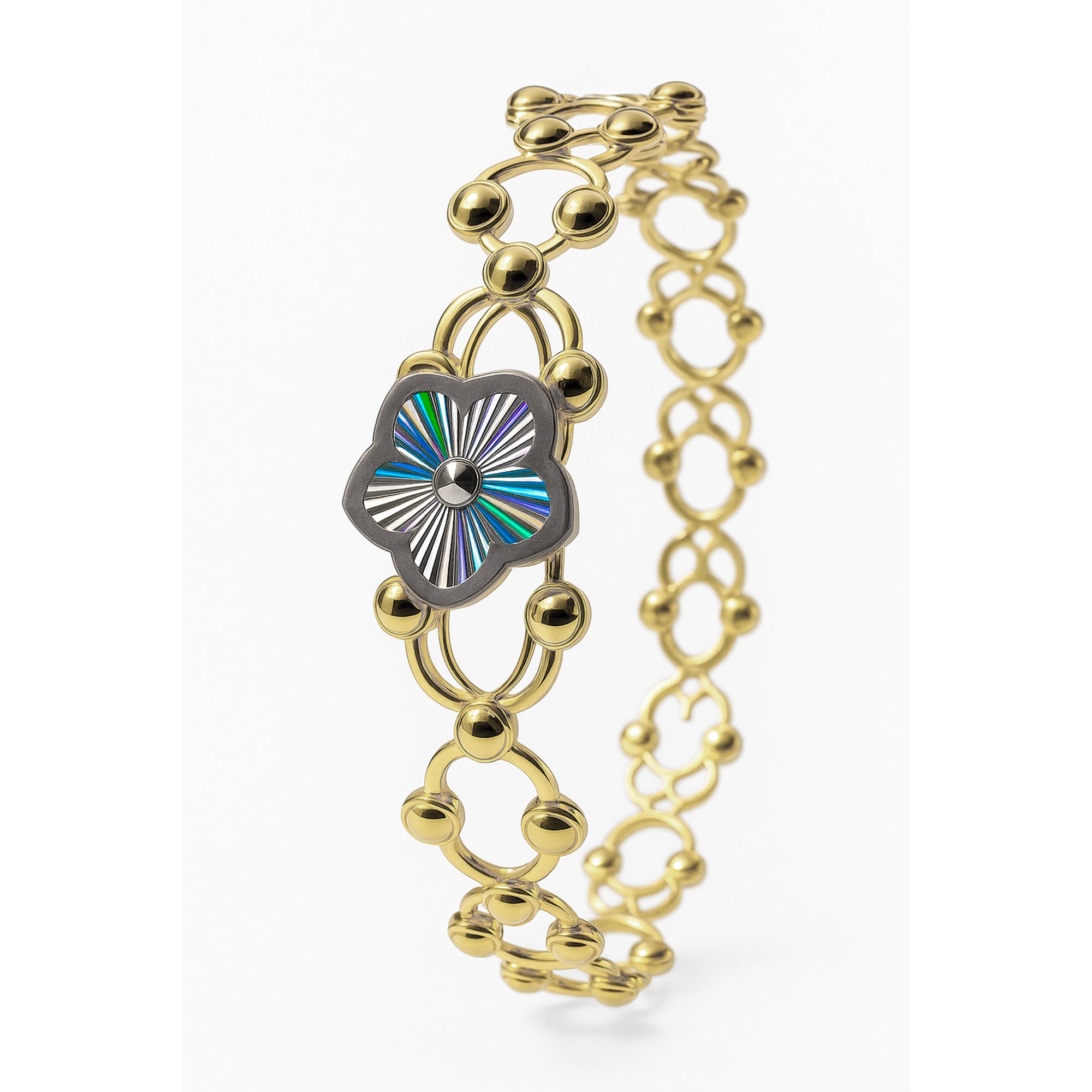 Brazalete Doble Uso Pulsera o Anillo con Flor Giratoria Plata .925 con Baño de Oro