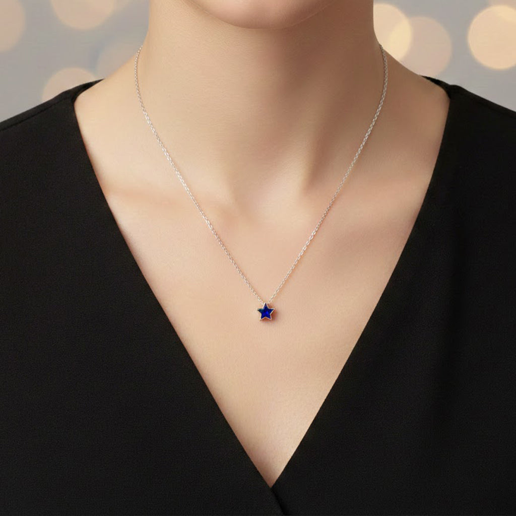 Collar Estrella con Circonia Azul con Cadena Eslabones Plata .925